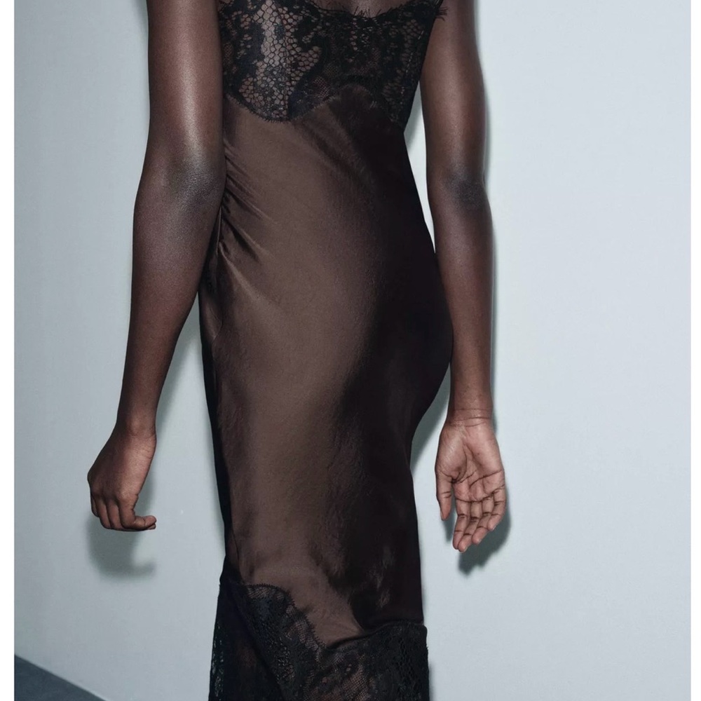 NWT Zara ASYMMETRIC SATIN LACE DRESS ZW COLLECTION Brown Black Medium - Picture 7 of 12
